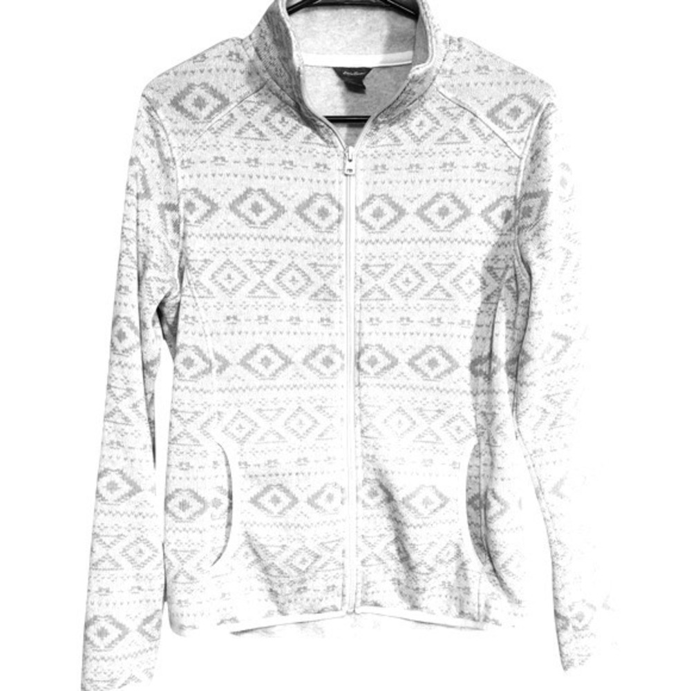 Eddie Bauer Fleece Women's Zip Up Jacket Medium Cream Soft Cozy Geometric